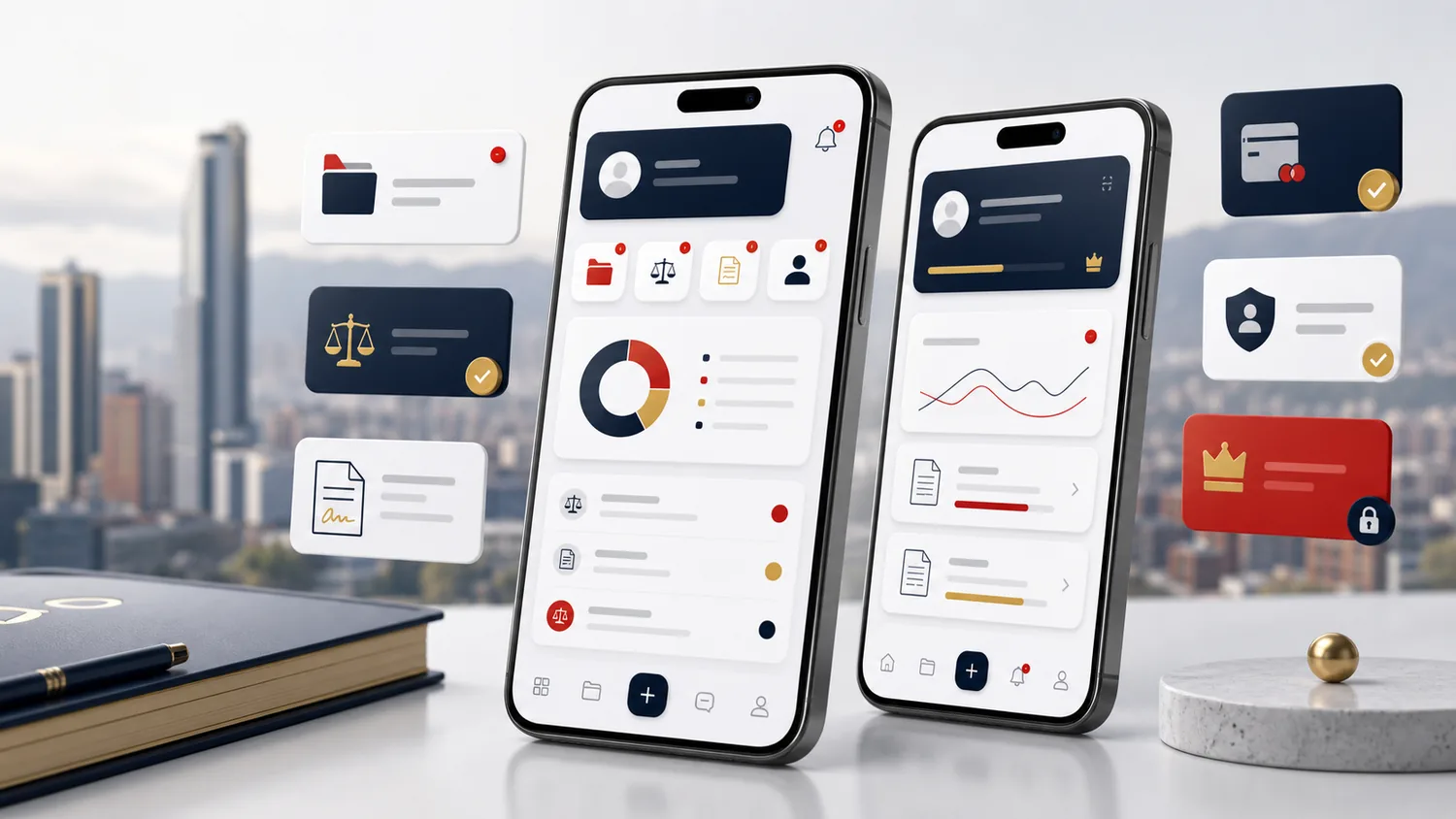 Mockup de app móvil privada con casos documentos pagos y alertas